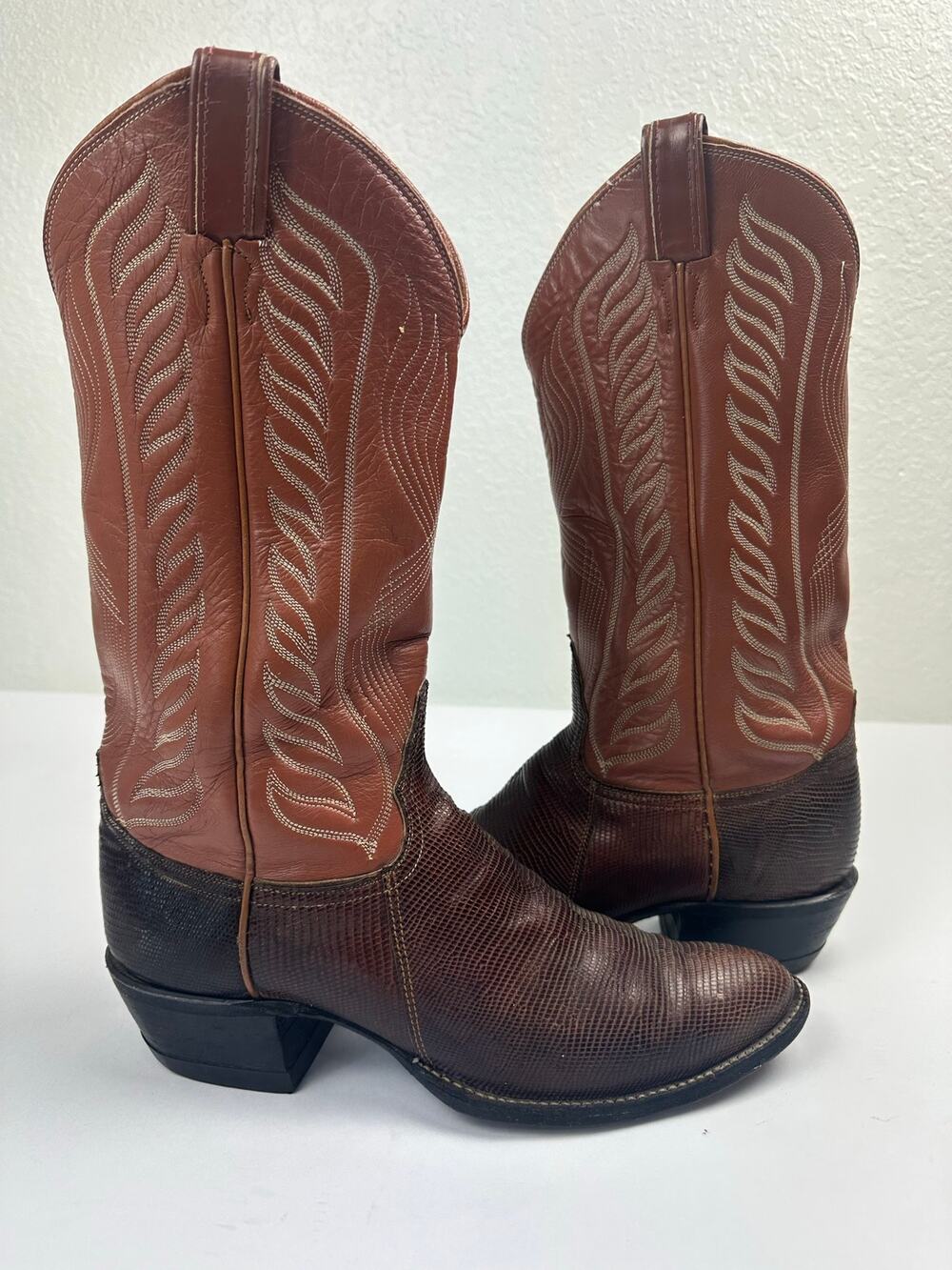 Tony Lama Two-Tone Brown Leather Western Boots with Cream Stitching